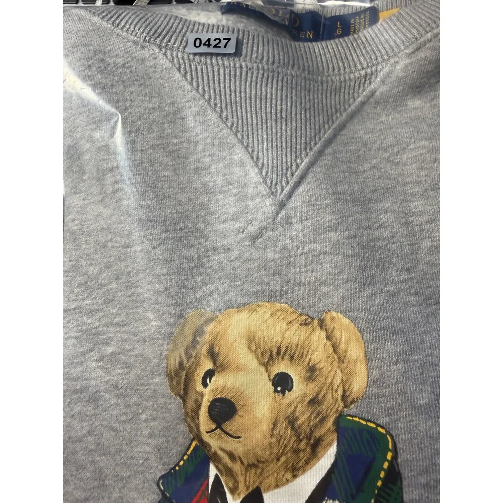 Polo Ralph Lauren Polo Duffel Bear Tartan Plaid Coat Fleece Sweatshirt Grey L